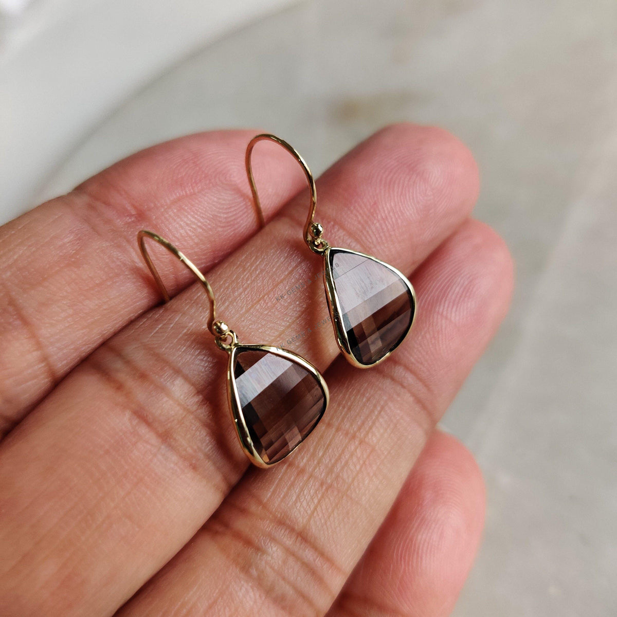 14K Solid Yellow Gold Natural Smoky Quartz Fancy Earrings, June Birthstone
