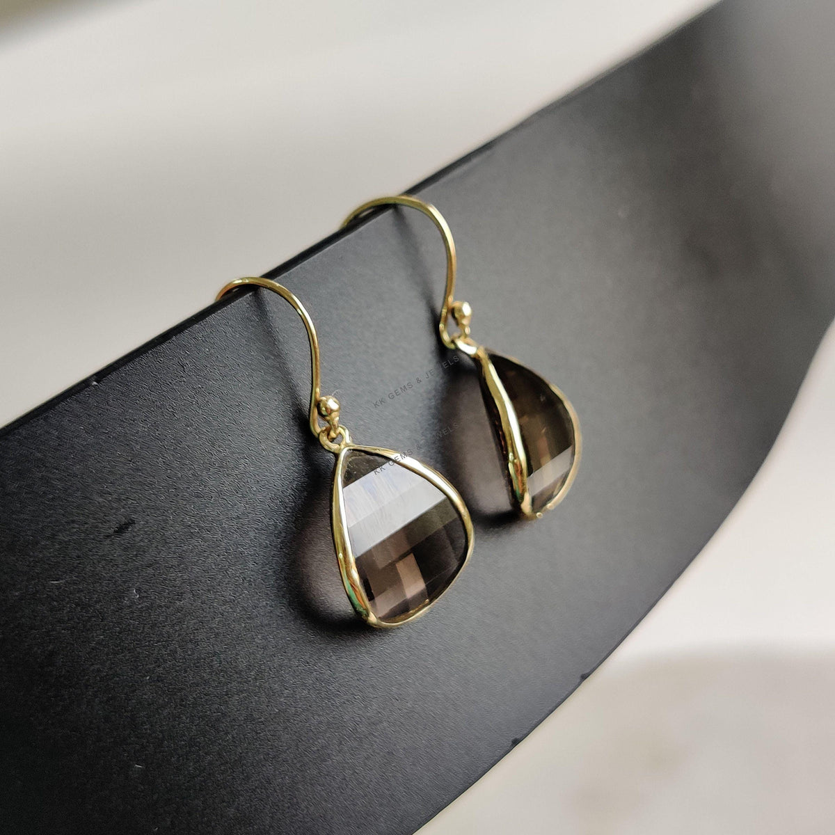 14K Solid Yellow Gold Natural Smoky Quartz Fancy Earrings, June Birthstone