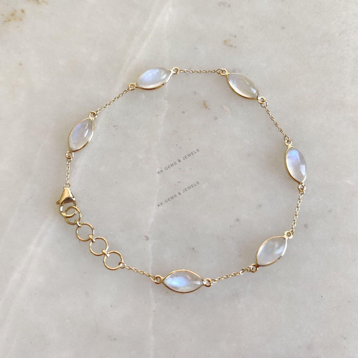14K Solid Yellow Gold Natural Rainbow Moonstone Bracelet, June Birthstone