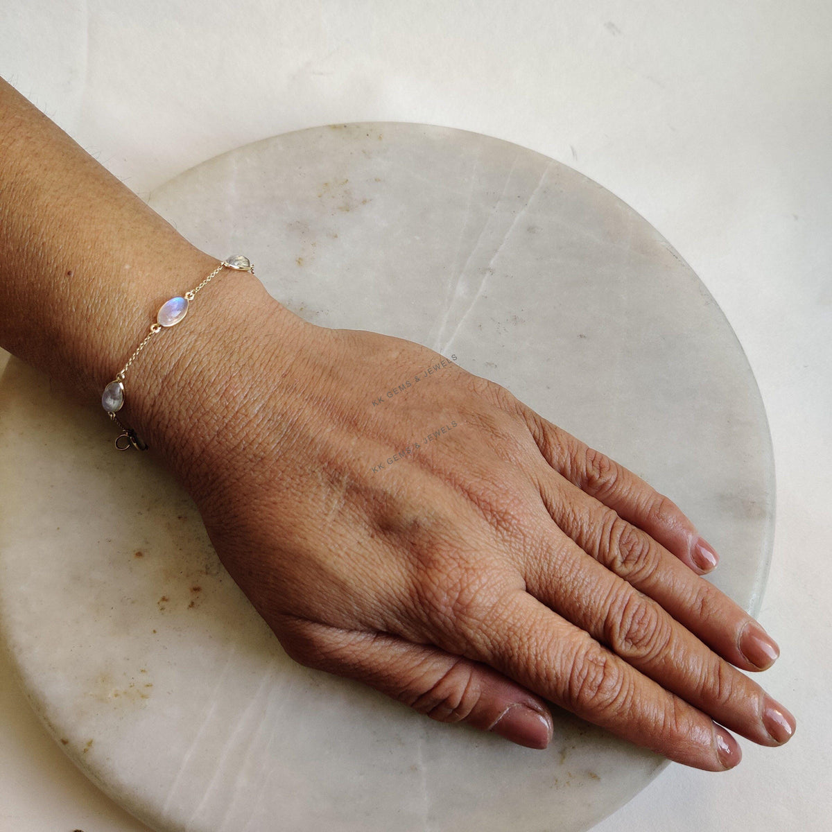 14K Solid Yellow Gold Natural Rainbow Moonstone Bracelet, June Birthstone