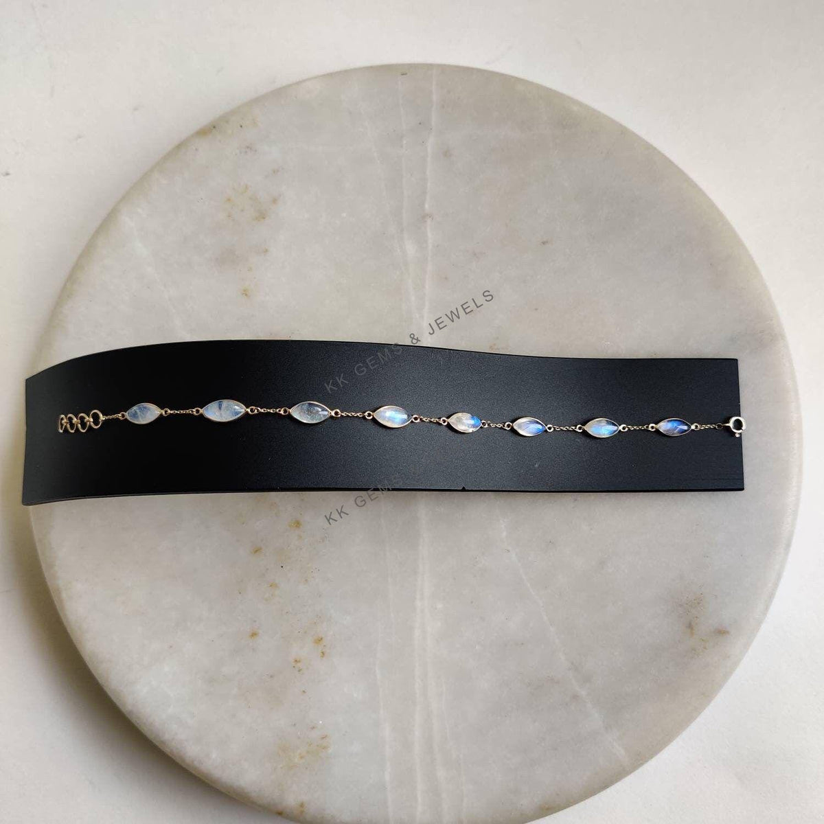14K Solid Yellow Gold Natural Rainbow Moonstone Bracelet, June Birthstone