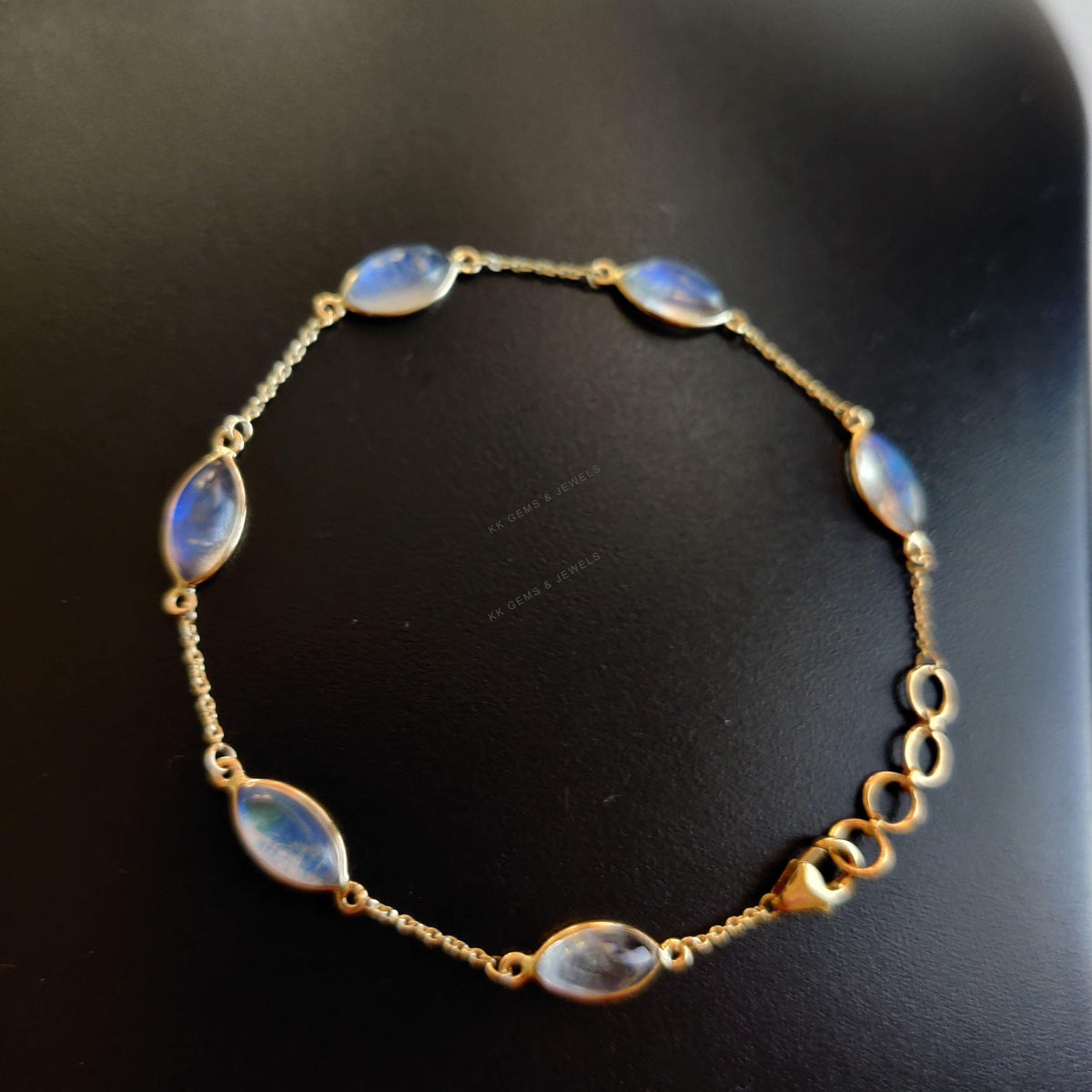 14K Solid Yellow Gold Natural Rainbow Moonstone Bracelet, June Birthstone