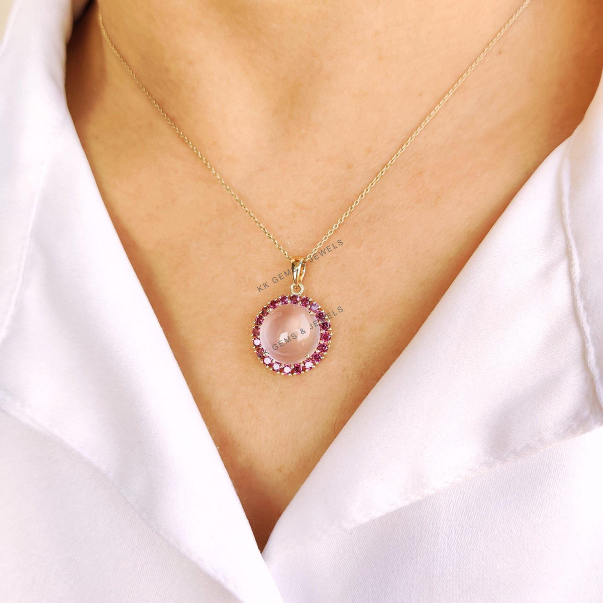 Natural Rose Quartz & Rhodolite Garnet Pendant, 14K Solid Yellow Gold Jewelry