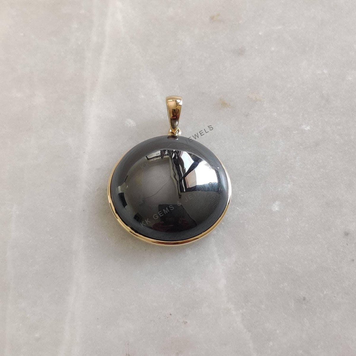 14K Solid Gold Natural Hematite Pendant, Round Cabochon, December Birthstone