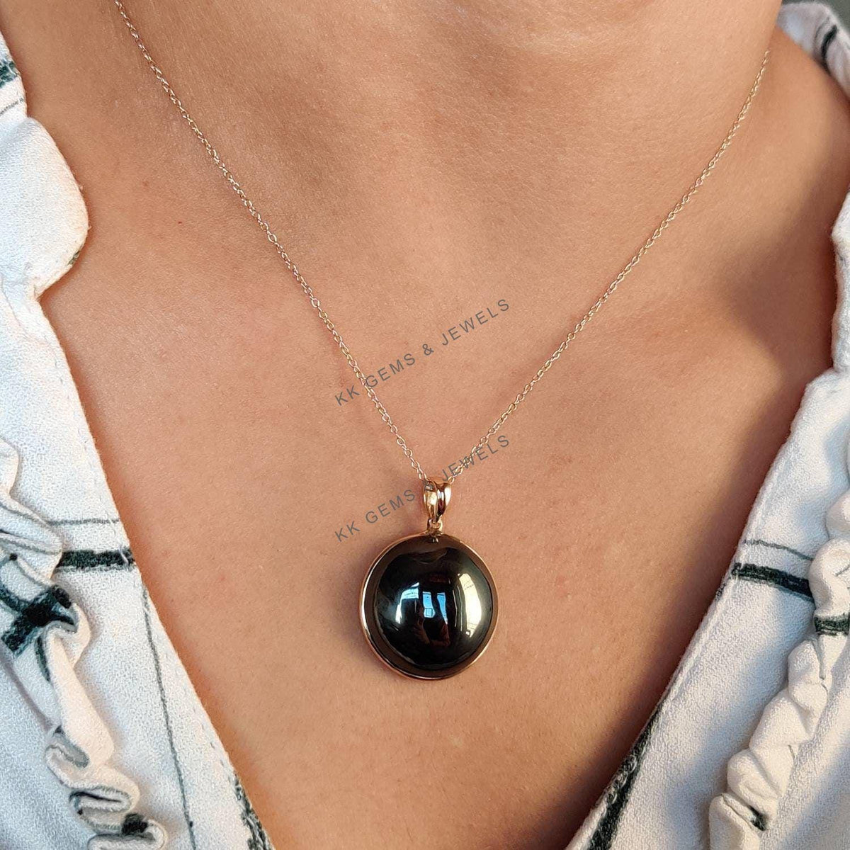 14K Solid Gold Natural Hematite Pendant, Round Cabochon, December Birthstone