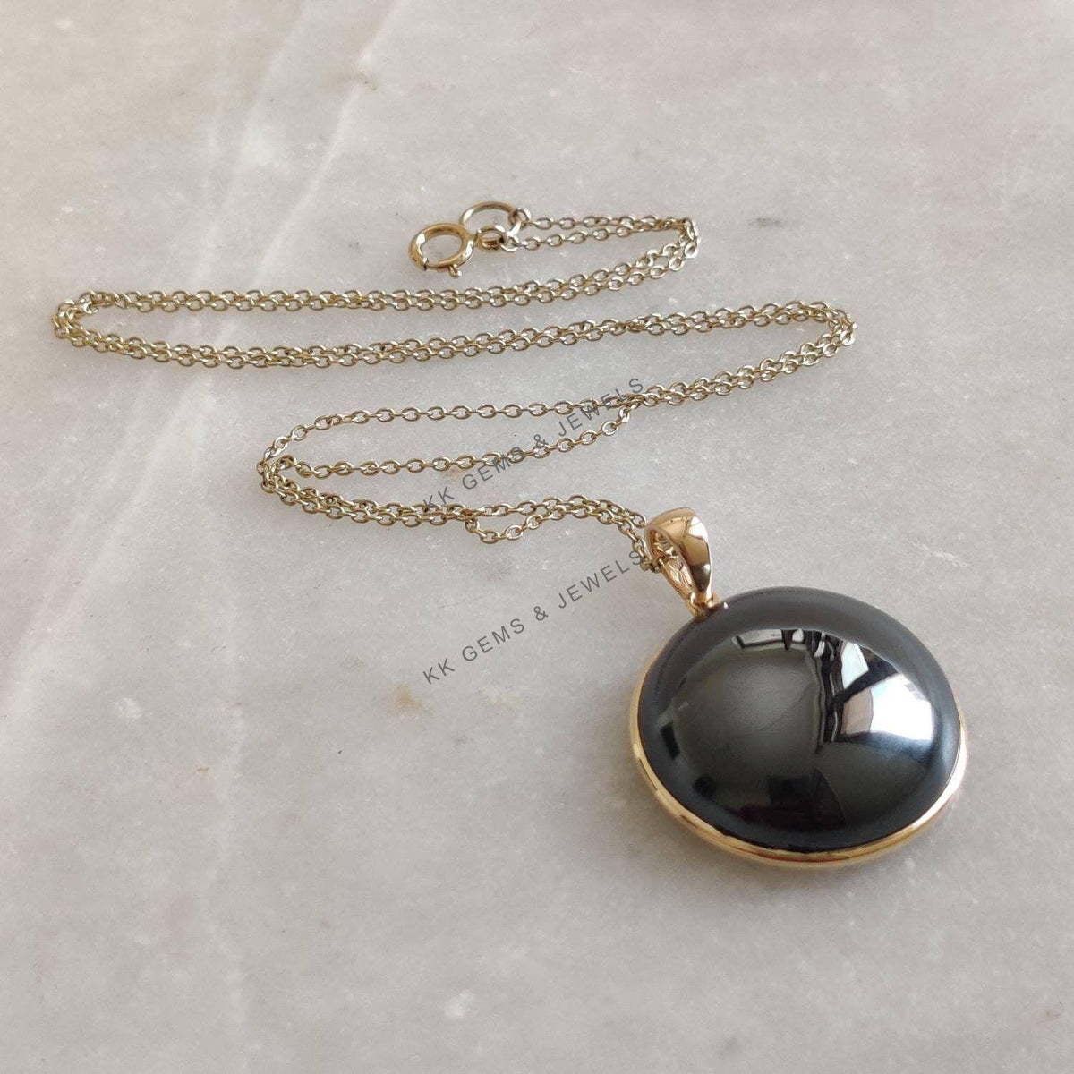 14K Solid Gold Natural Hematite Pendant, Round Cabochon, December Birthstone