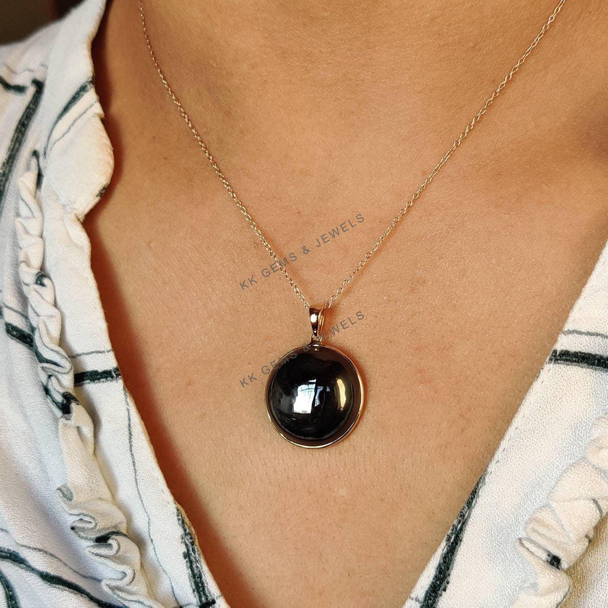 14K Solid Gold Natural Hematite Pendant, Round Cabochon, December Birthstone