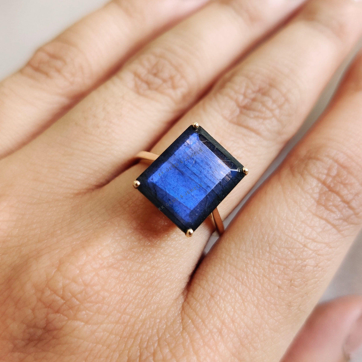 14K Solid Yellow Gold Natural Labradorite Ring, Octagon Gemstone, August Birthstone