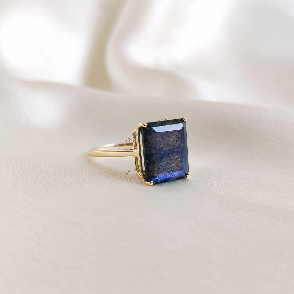 14K Solid Yellow Gold Natural Labradorite Ring, Octagon Gemstone, August Birthstone