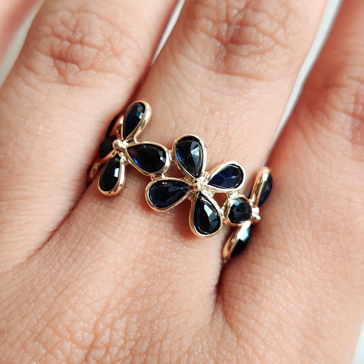 14K Solid Gold Natural Blue Sapphire Flower Infinity Ring, September Birthstone