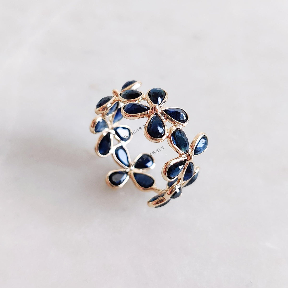 14K Solid Gold Natural Blue Sapphire Flower Infinity Ring, September Birthstone