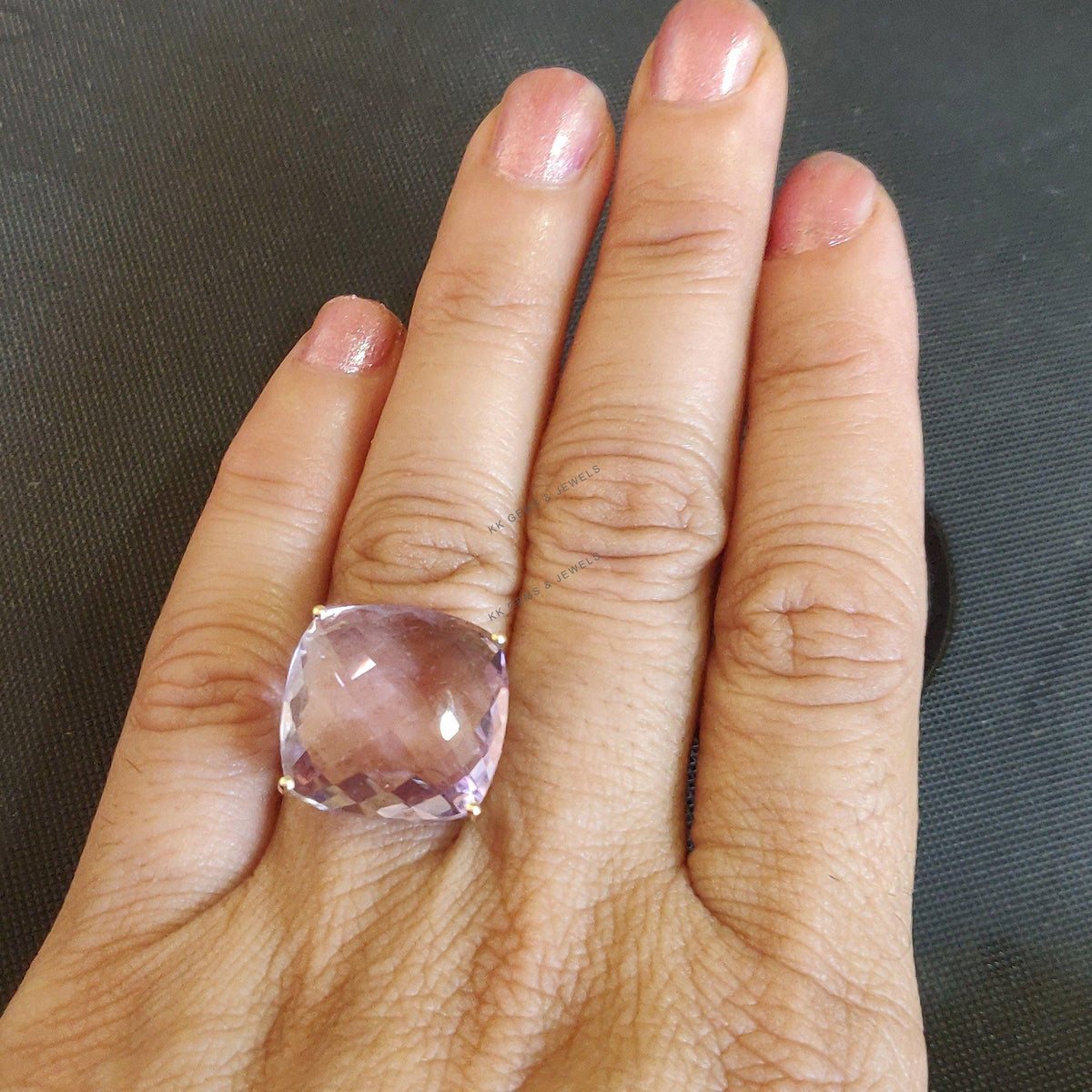14K Solid Gold Natural Pink Amethyst Ring: Square February Birthstone