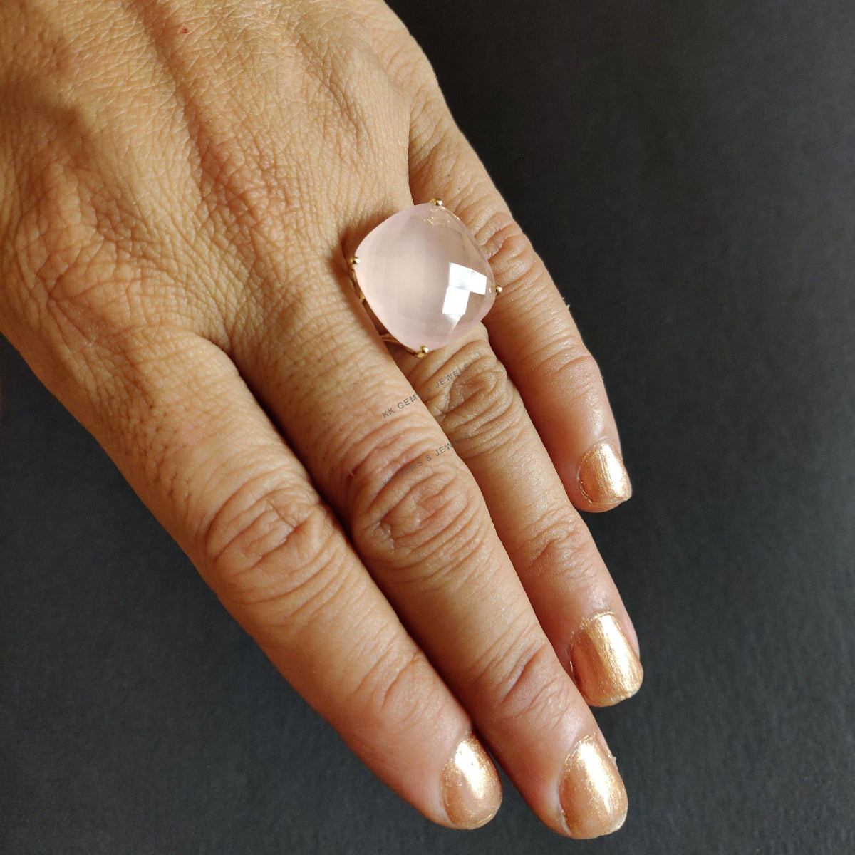 Natural Rose Quartz Ring: 14K Solid Yellow Gold, January Birthstone