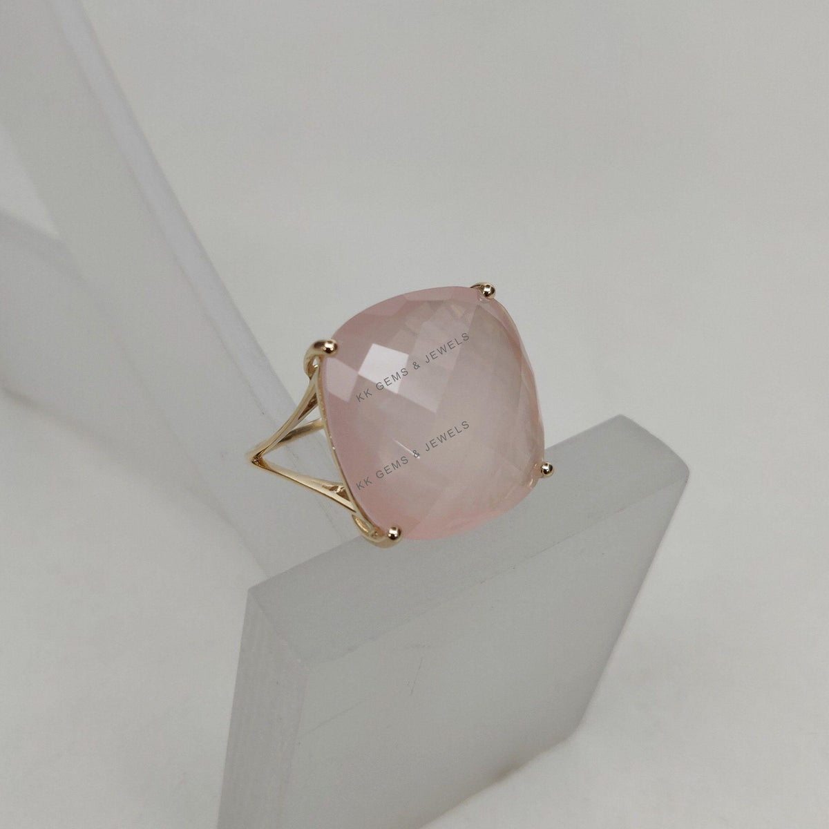 Natural Rose Quartz Ring: 14K Solid Yellow Gold, January Birthstone