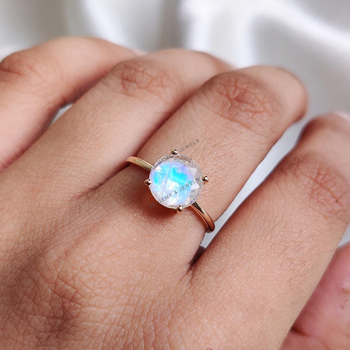 14K Solid Yellow Gold Natural Rainbow Moonstone Ring, Round Cut Engagement Ring