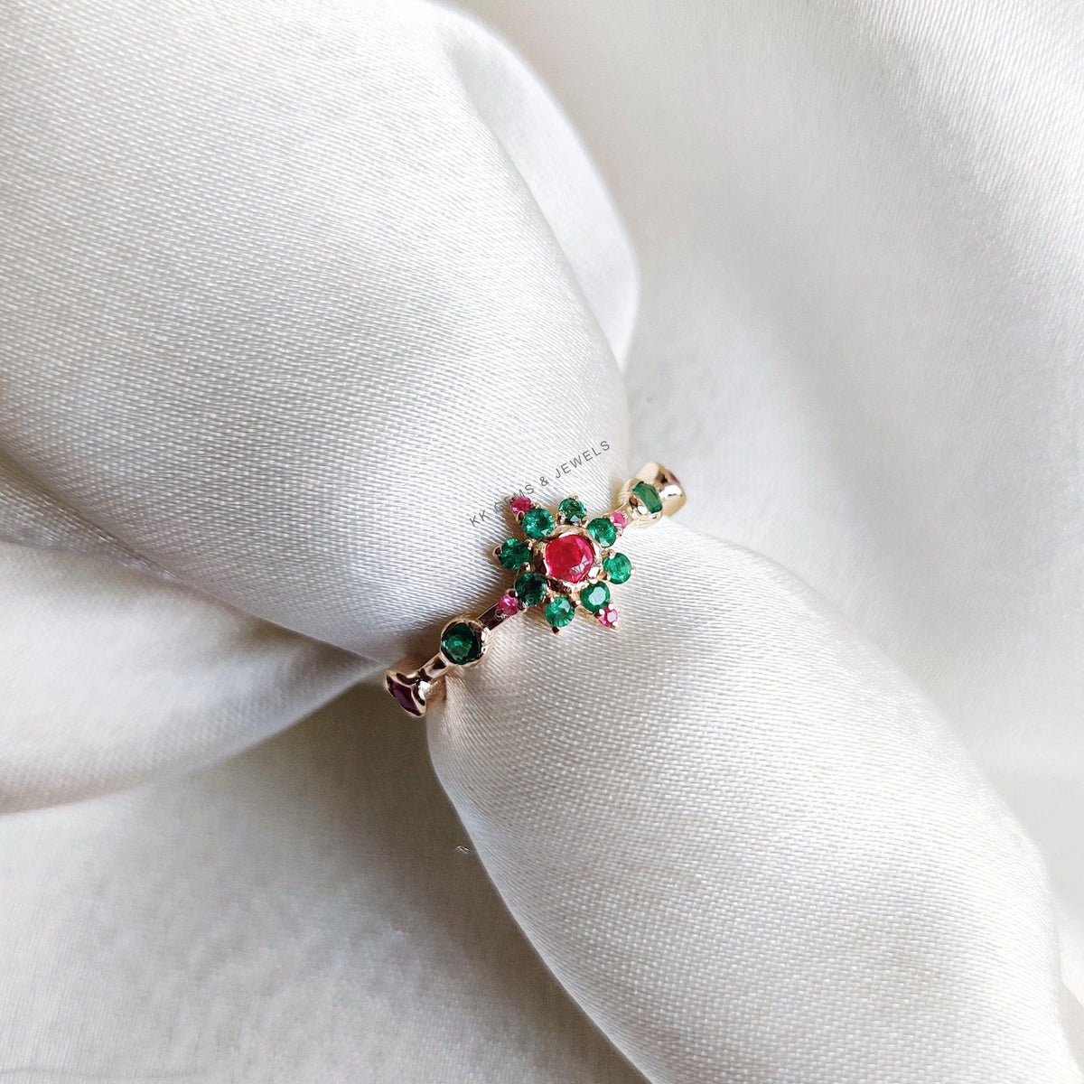 Natural Emerald & Ruby Ring, 14K Solid Yellow Gold, May July Birthstone