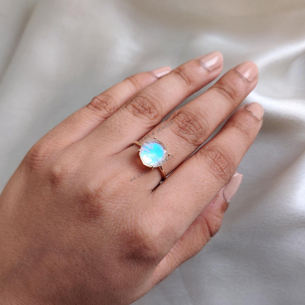 14K Solid Yellow Gold Natural Rainbow Moonstone Ring, Round Cut June Birthstone