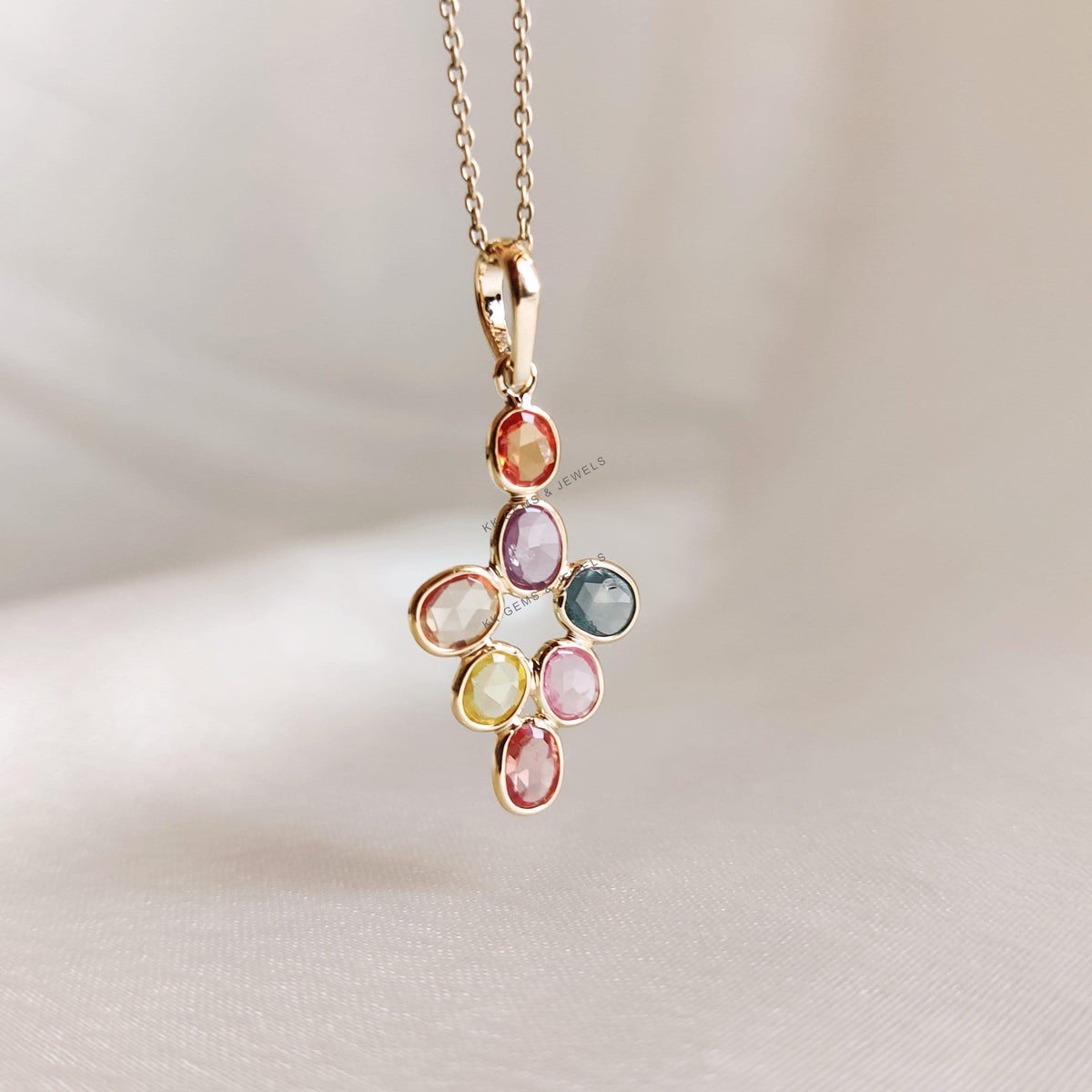 14K Solid Yellow Gold Natural Multi Sapphire Pendant Necklace - September Birthstone