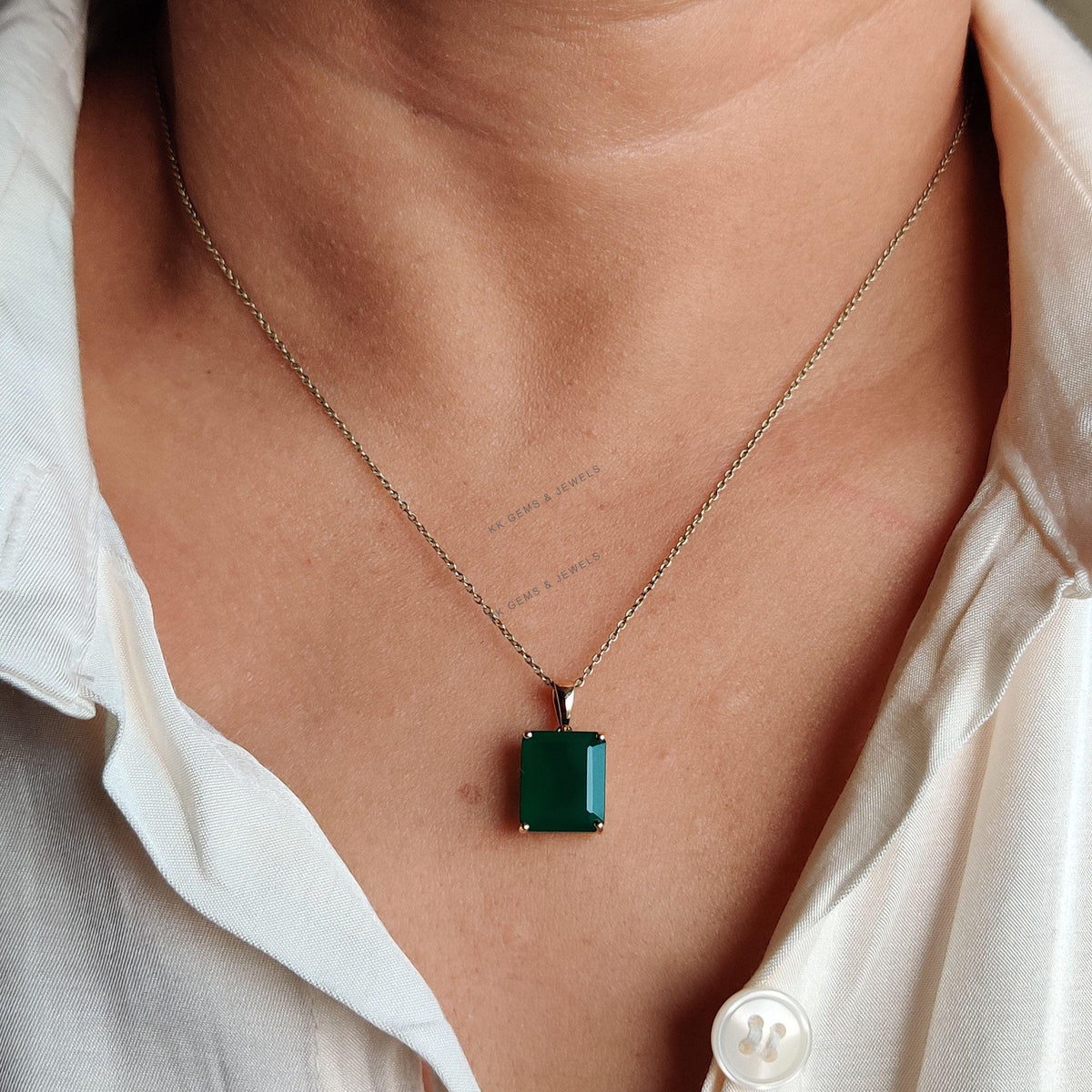 Emerald Cut Natural Green Onyx Pendant, 14K Solid Yellow Gold, May Birthstone, Christmas Present