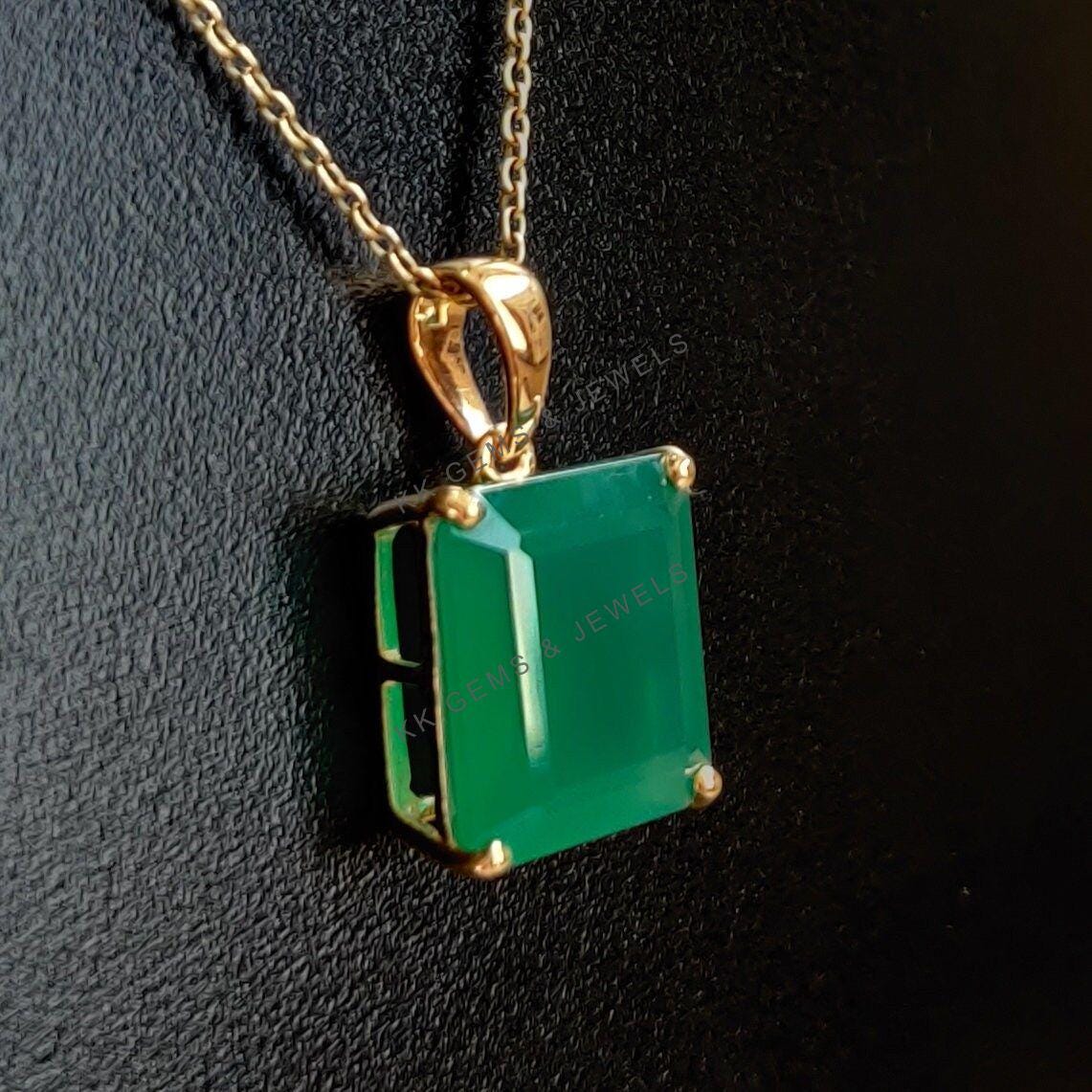 Emerald Cut Natural Green Onyx Pendant, 14K Solid Yellow Gold, May Birthstone, Christmas Present