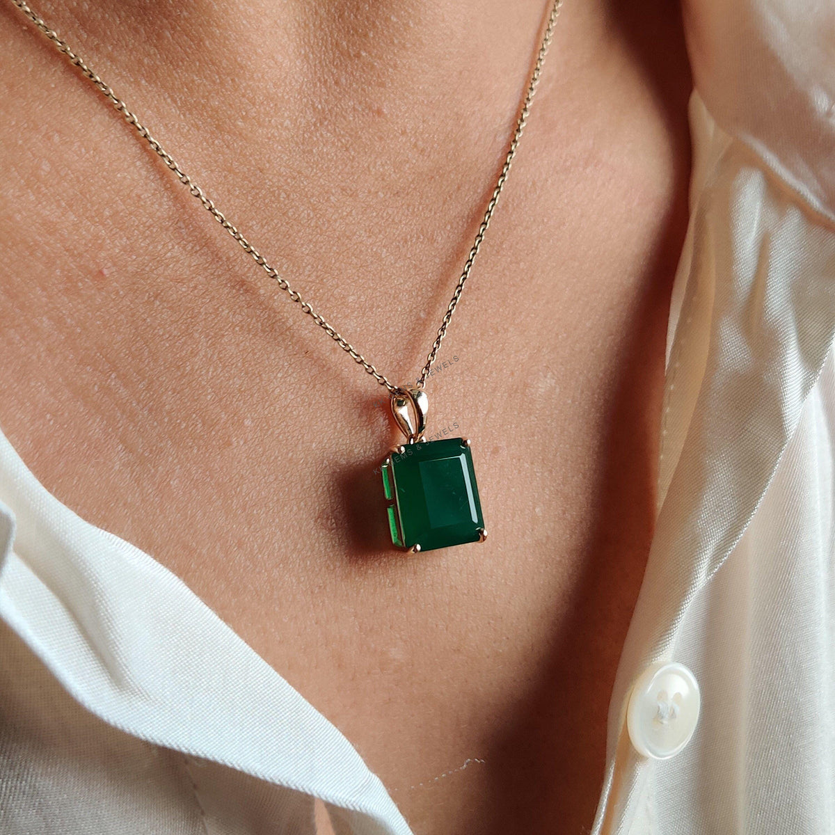 Emerald Cut Natural Green Onyx Pendant, 14K Solid Yellow Gold, May Birthstone, Christmas Present