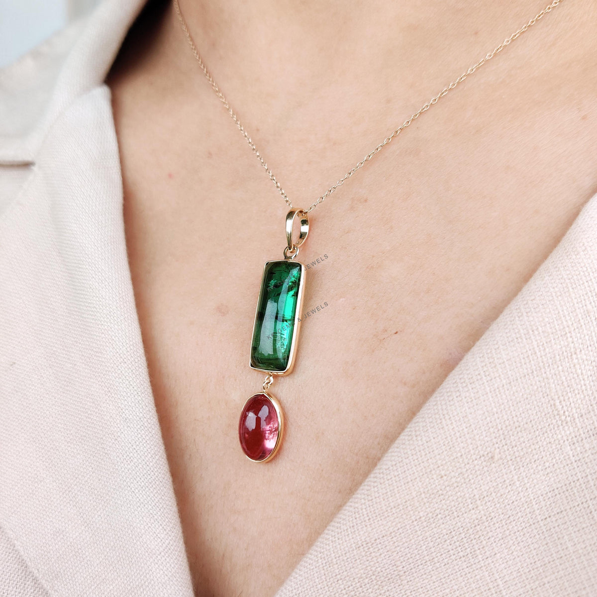 14K Solid Yellow Gold Natural Pink and Green Tourmaline Bezel Pendant, December Birthstone, Christmas Present