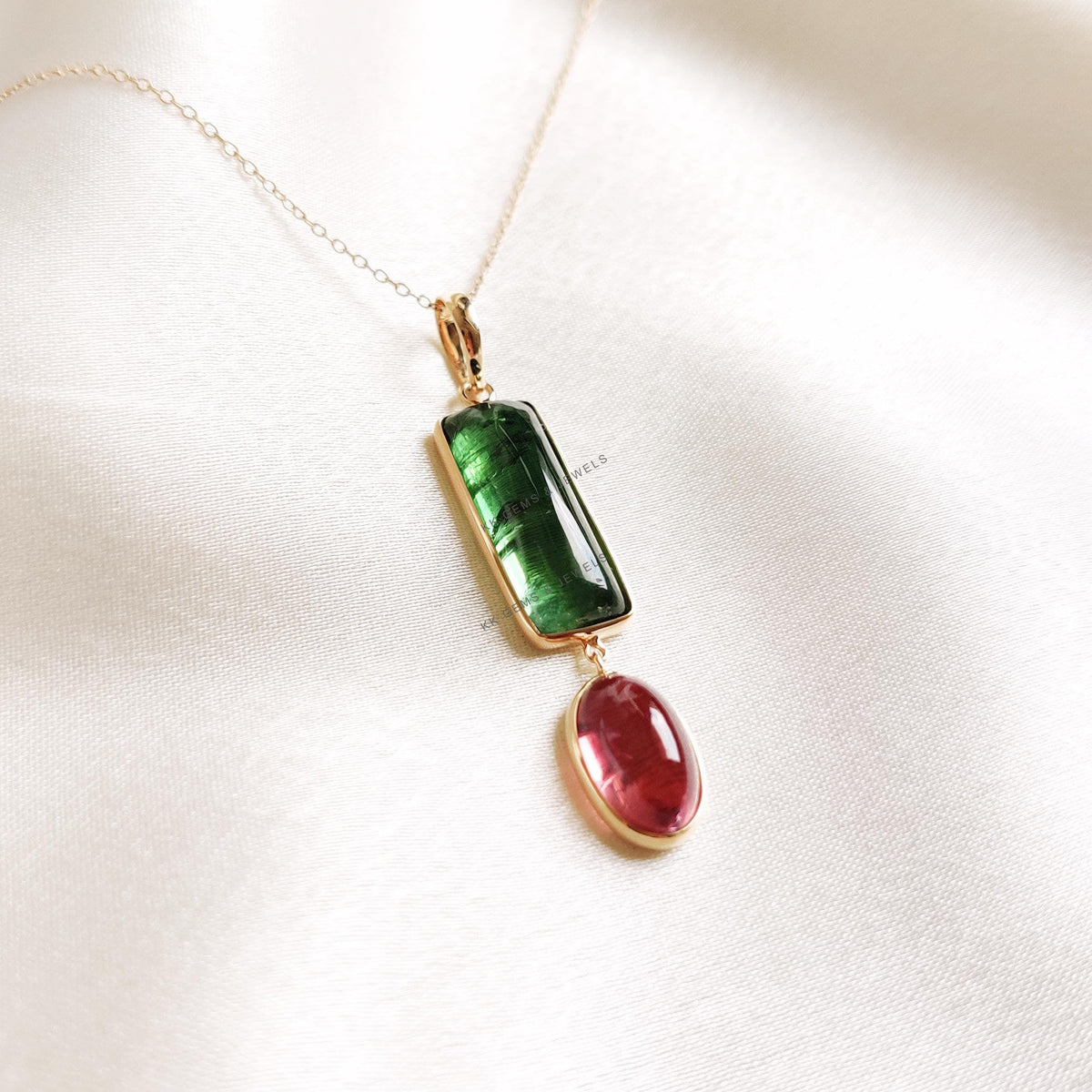 14K Solid Yellow Gold Natural Pink and Green Tourmaline Bezel Pendant, December Birthstone, Christmas Present