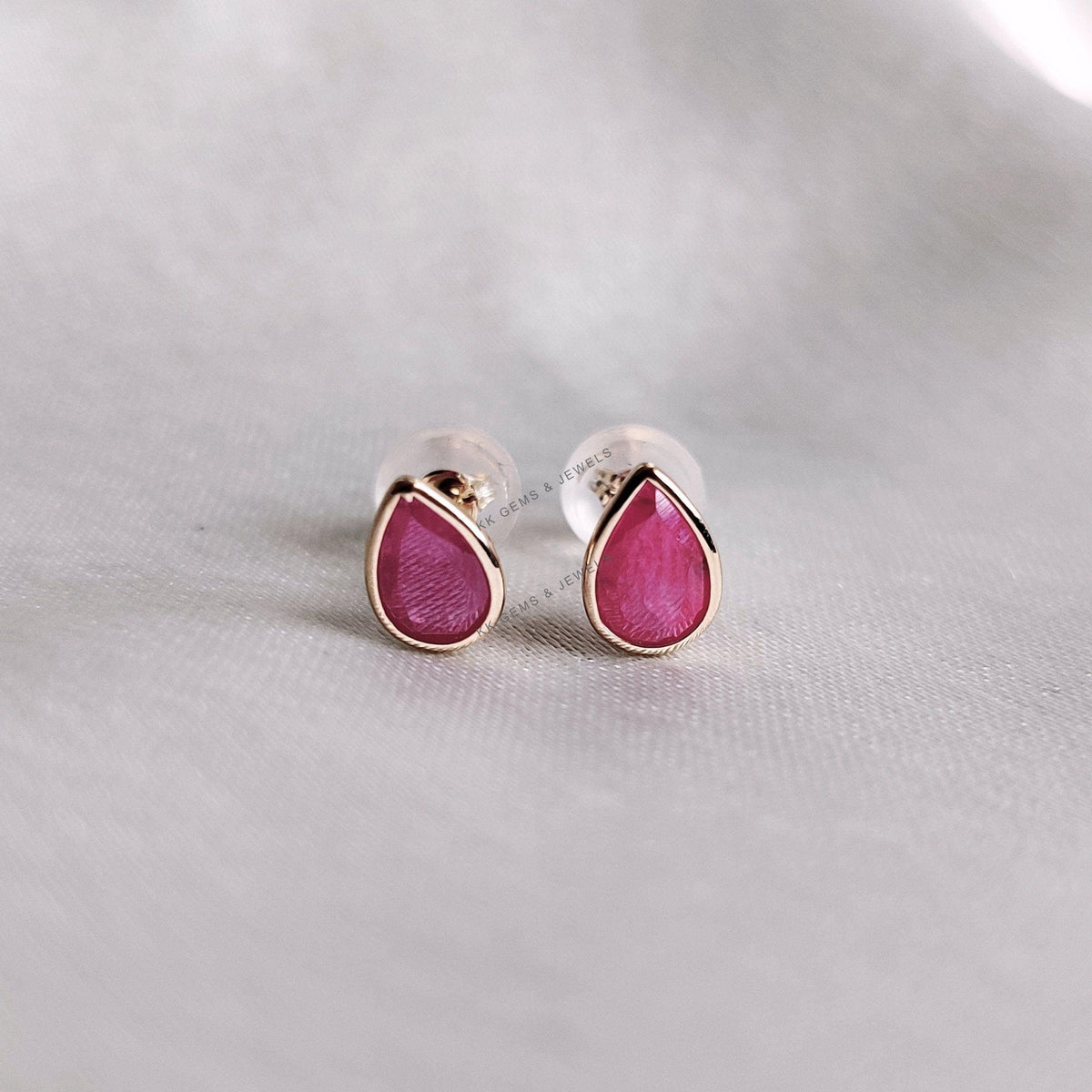 14K Solid Yellow Gold Pear Natural Ruby Studs, July Birthstone