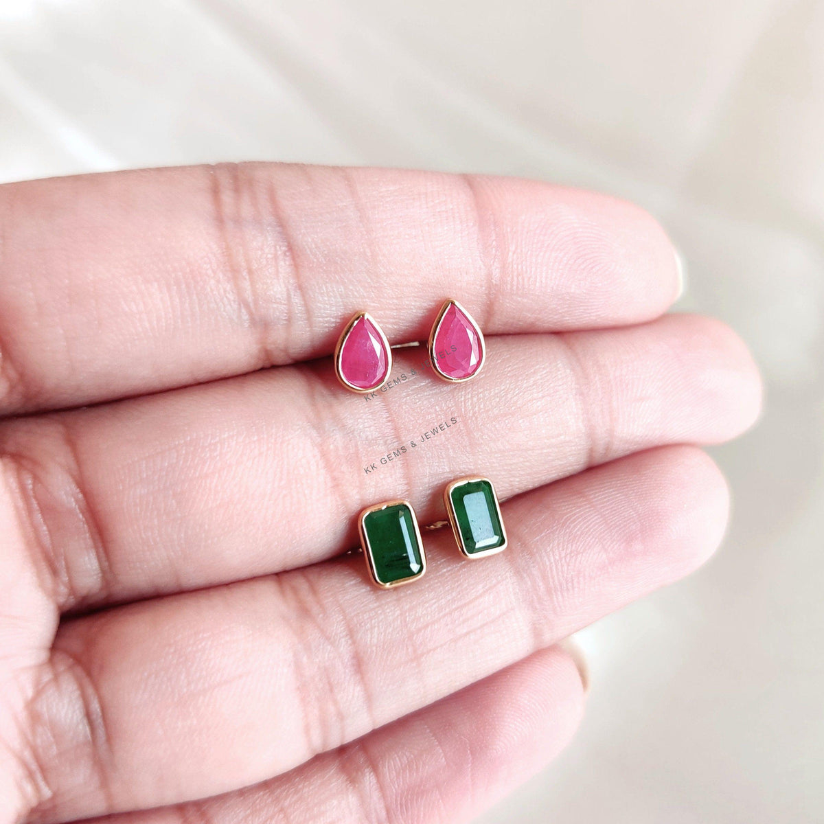 14K Solid Yellow Gold Pear Natural Ruby Studs, July Birthstone