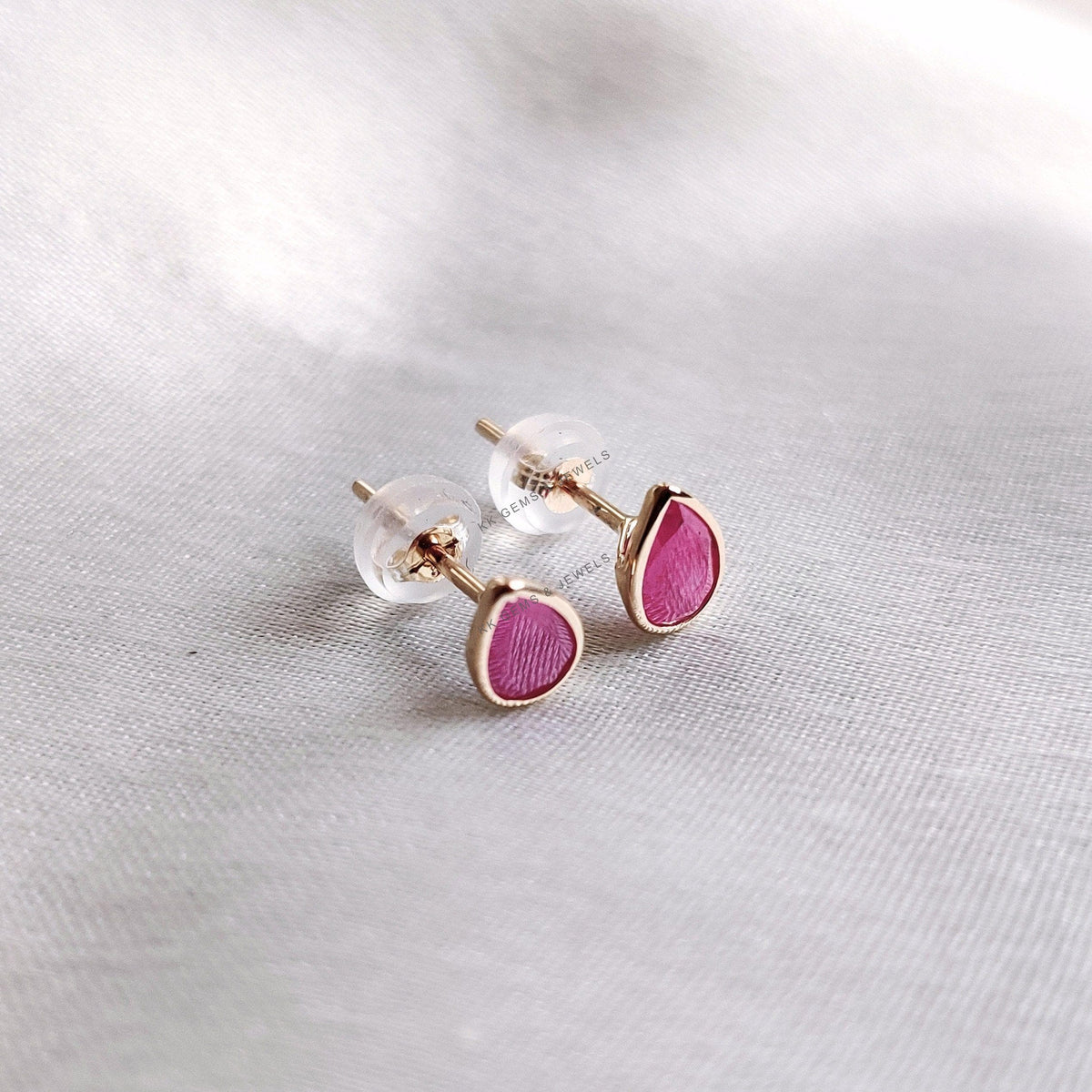 14K Solid Yellow Gold Pear Natural Ruby Studs, July Birthstone