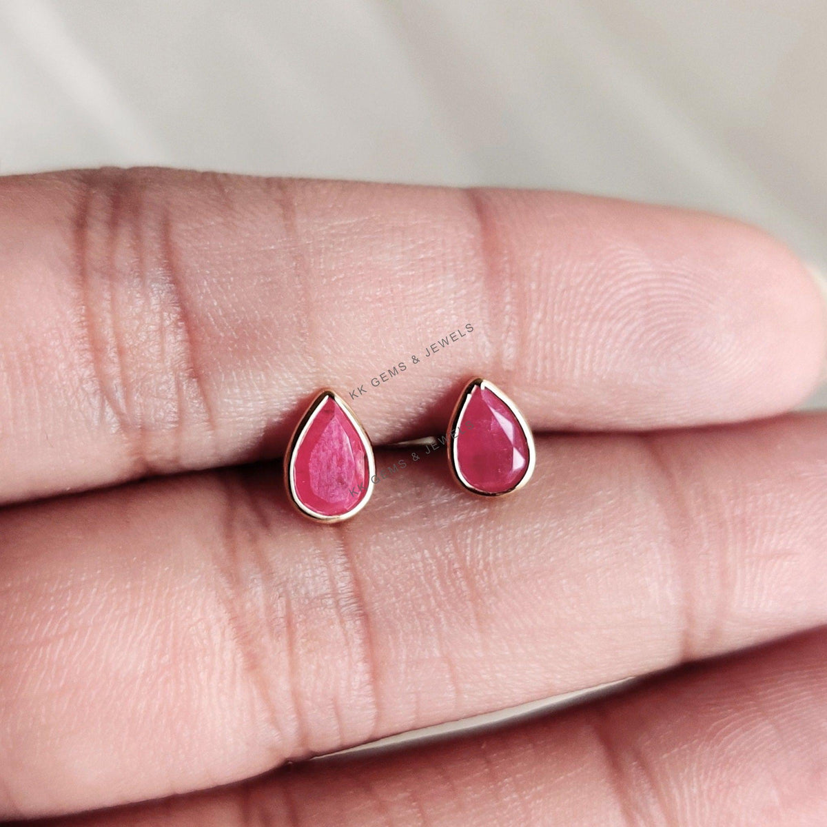 14K Solid Yellow Gold Pear Natural Ruby Studs, July Birthstone
