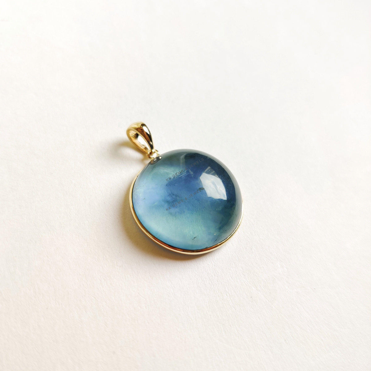 14K Solid Gold Round Natural Fluorite Pendant, Bezel Setting, March Birthstone