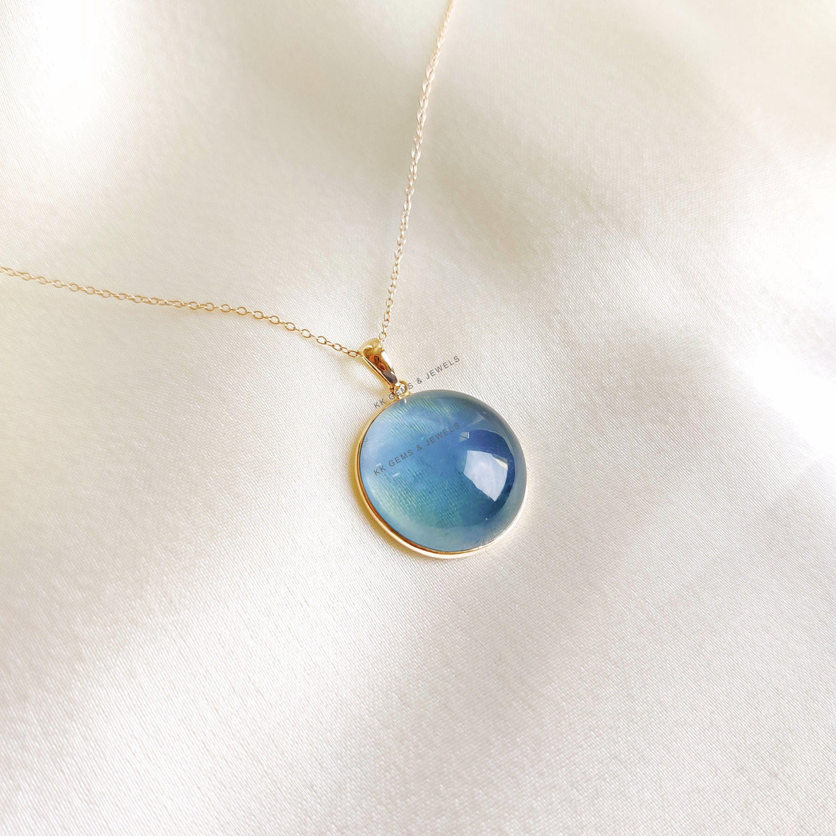 14K Solid Gold Round Natural Fluorite Pendant, Bezel Setting, March Birthstone