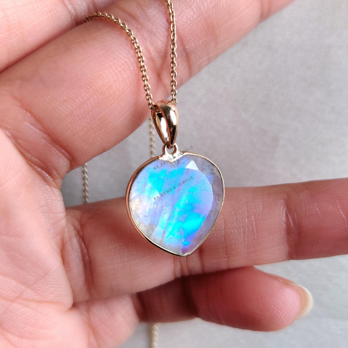 14K Solid Yellow Gold Natural Rainbow Moonstone Heart Pendant - June Birthstone
