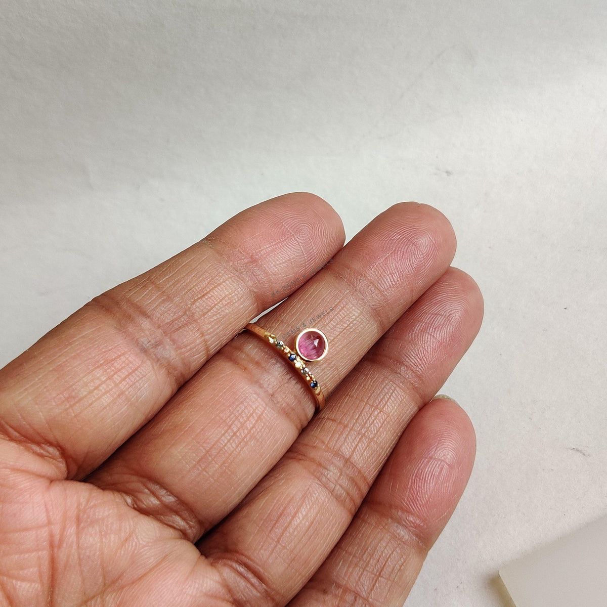 14K Solid Yellow Gold Natural Pink Tourmaline & Multi Sapphire Ring, Christmas Gift