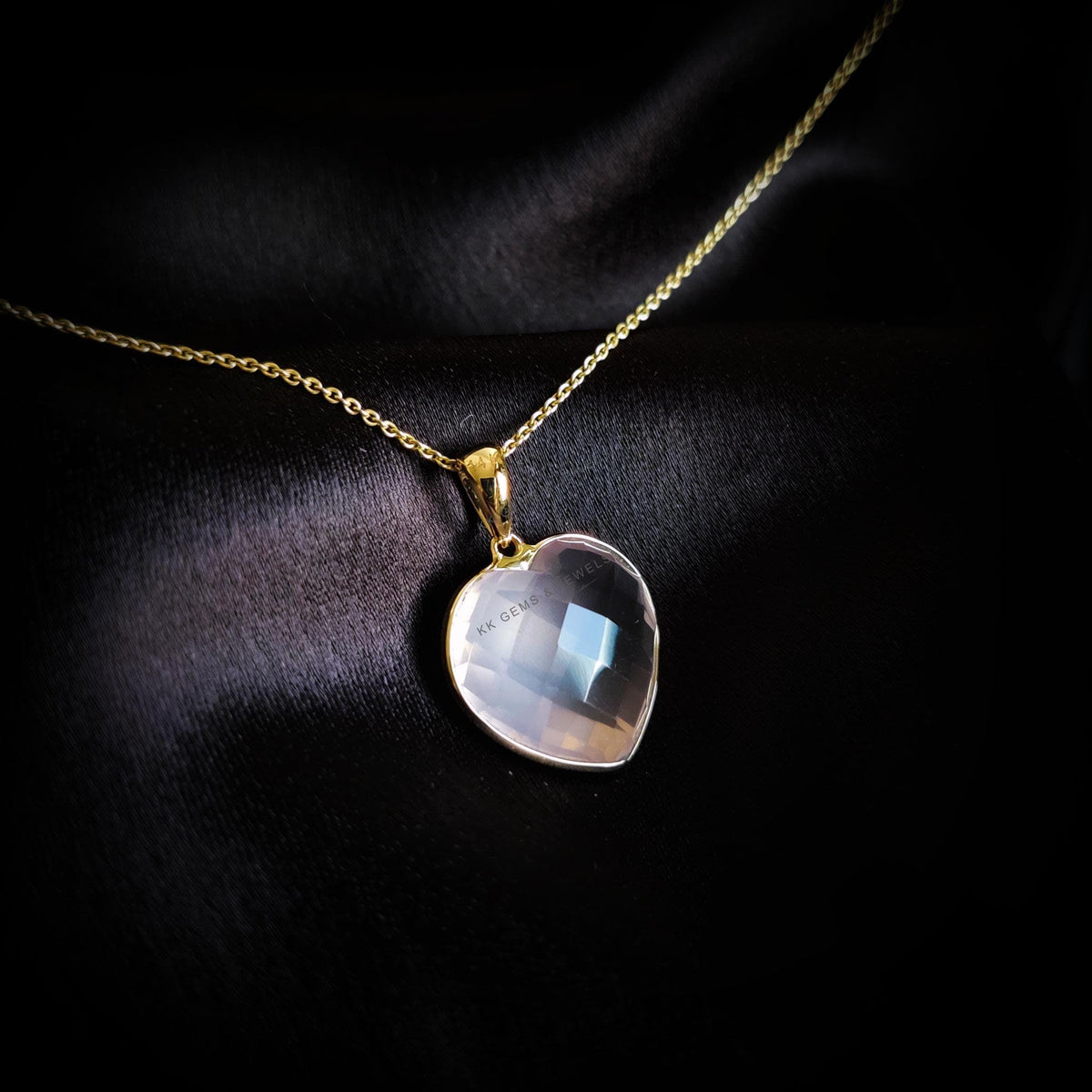 14K Solid Yellow Gold Natural Rose Quartz Heart Pendant - January Birthstone