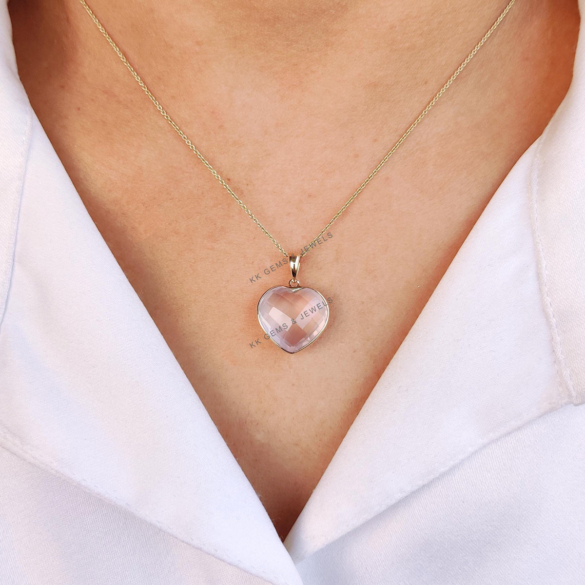 14K Solid Yellow Gold Natural Rose Quartz Heart Pendant - January Birthstone
