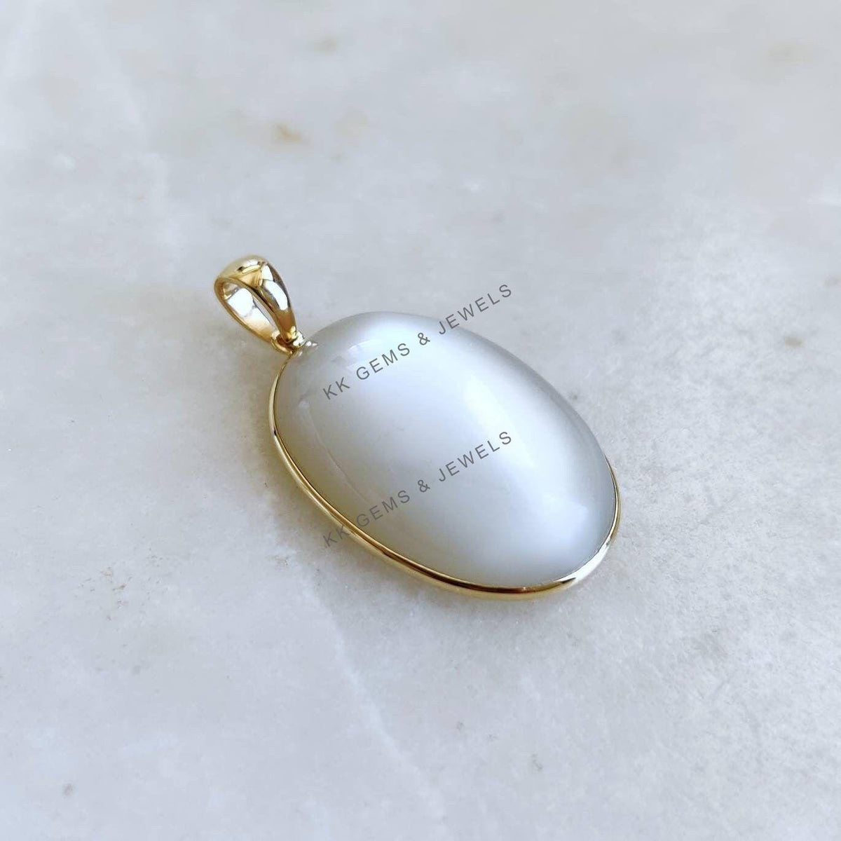 Natural White Moonstone Pendant, 14K Solid Yellow Gold Oval Cabochon, June Birthstone