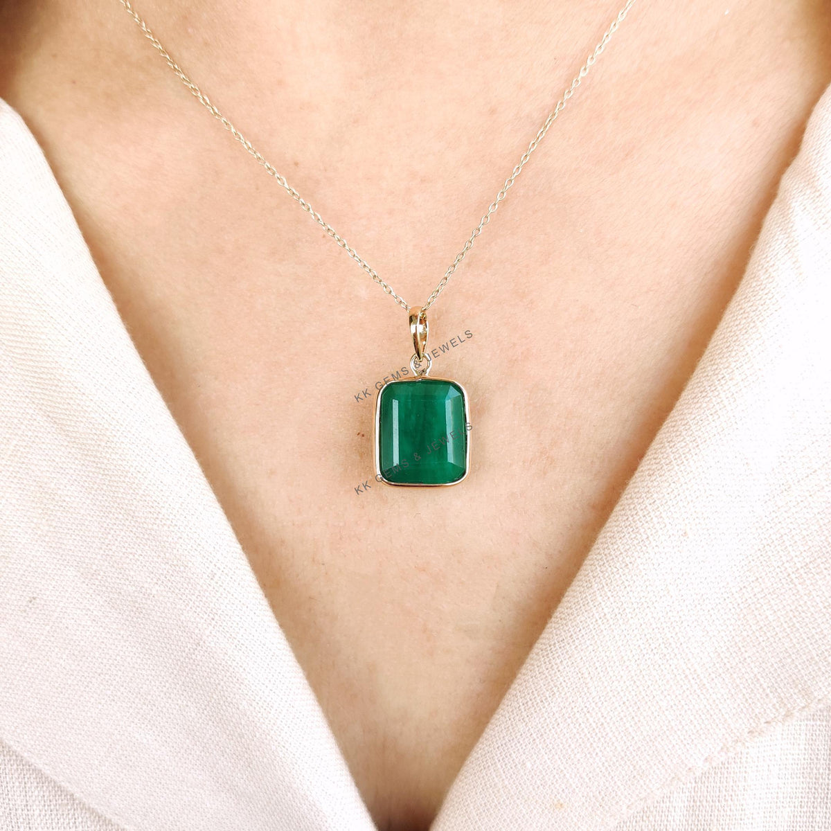 Natural Emerald Pendant, 14K Solid Yellow Gold, Octagon May Birthstone Pendant