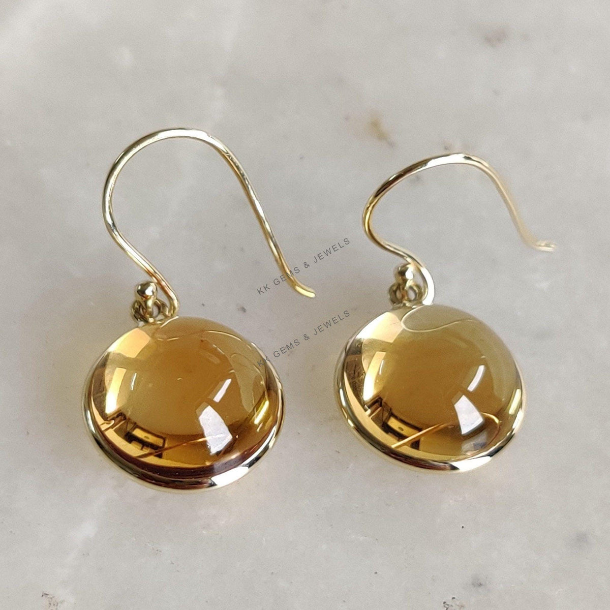 14K Solid Gold Natural Citrine Drop Earrings, November Birthstone