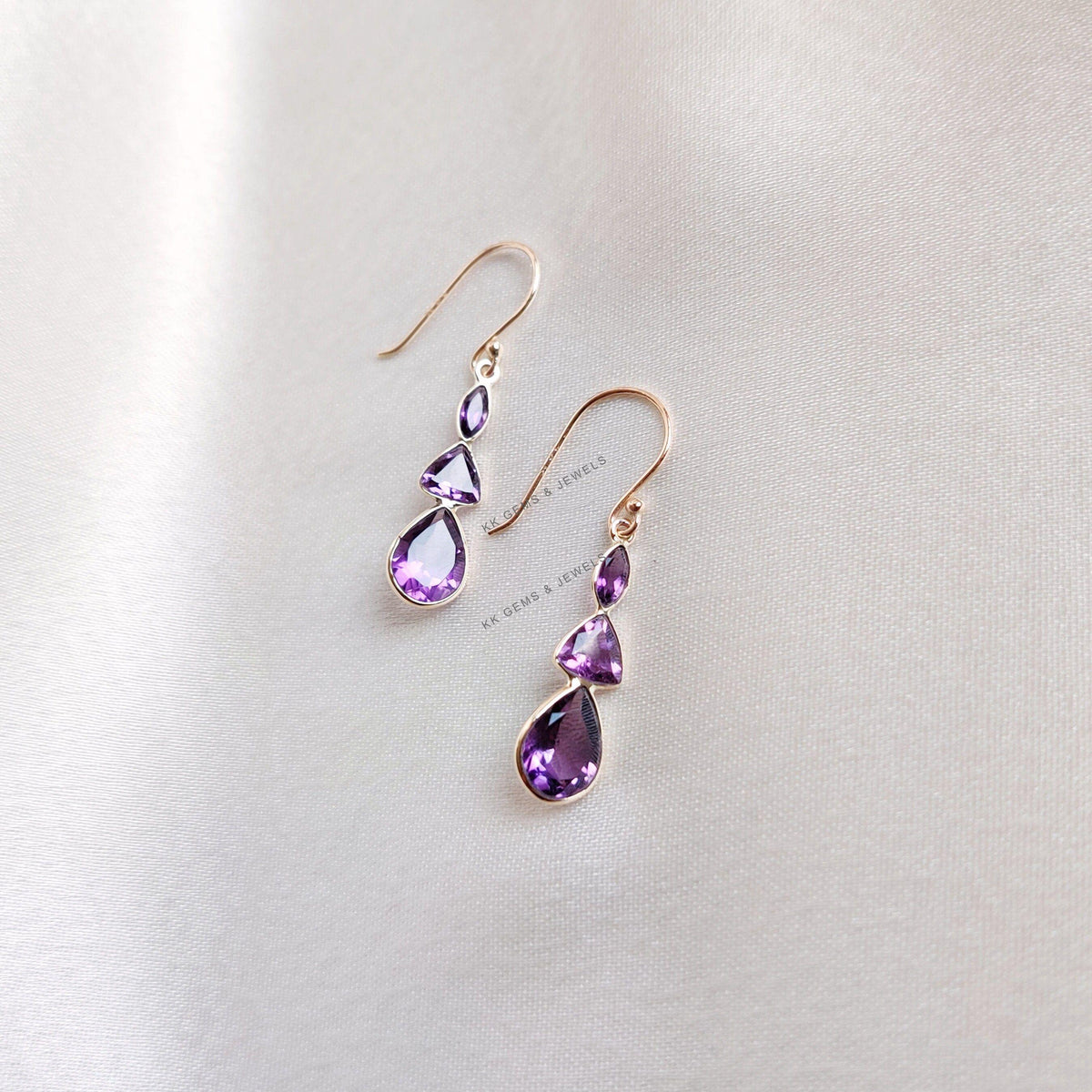 14K Solid Gold Natural Purple Amethyst Drop Earrings, February Birthstone