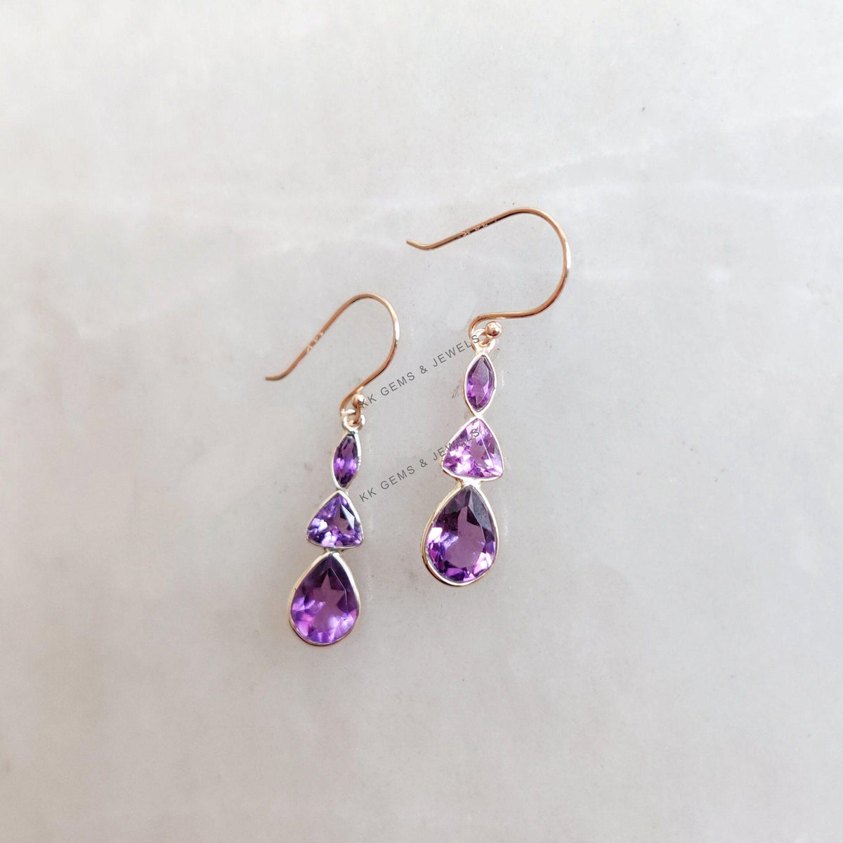 14K Solid Gold Natural Purple Amethyst Drop Earrings, February Birthstone