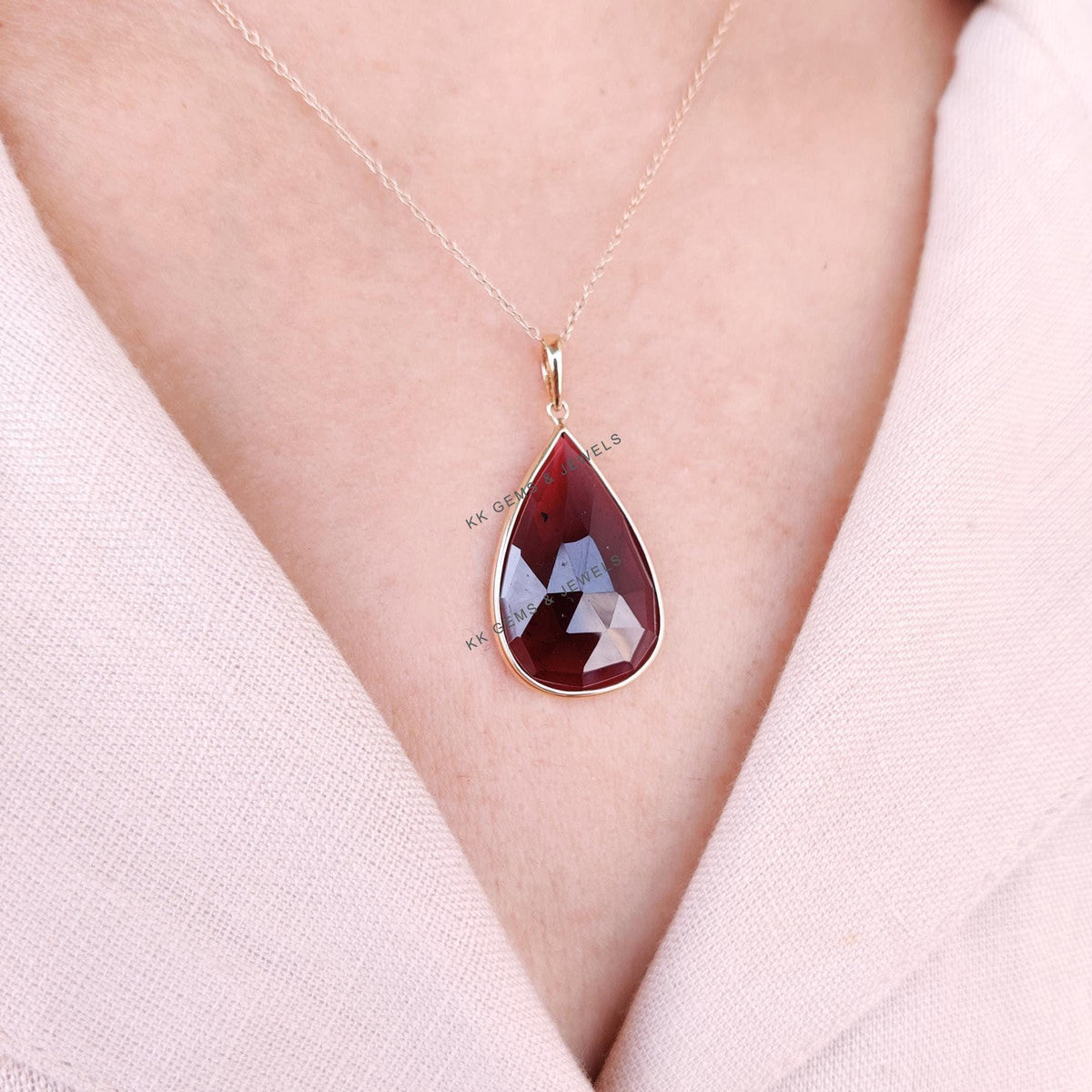 14K Solid Yellow Gold Pear Cut Natural Garnet Pendant, January Birthstone