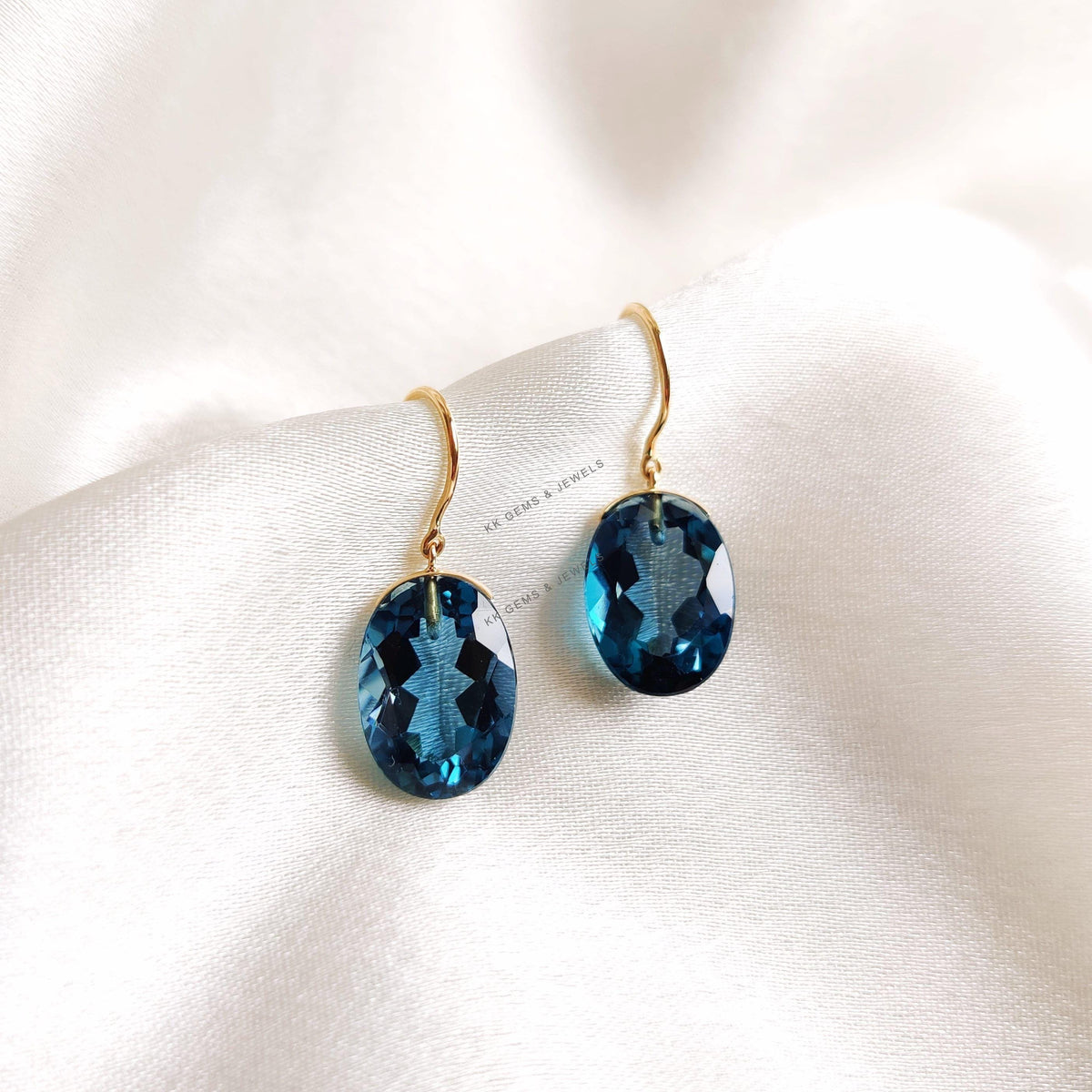 14K Solid Gold Natural London Blue Topaz Drop Earrings, December Birthstone