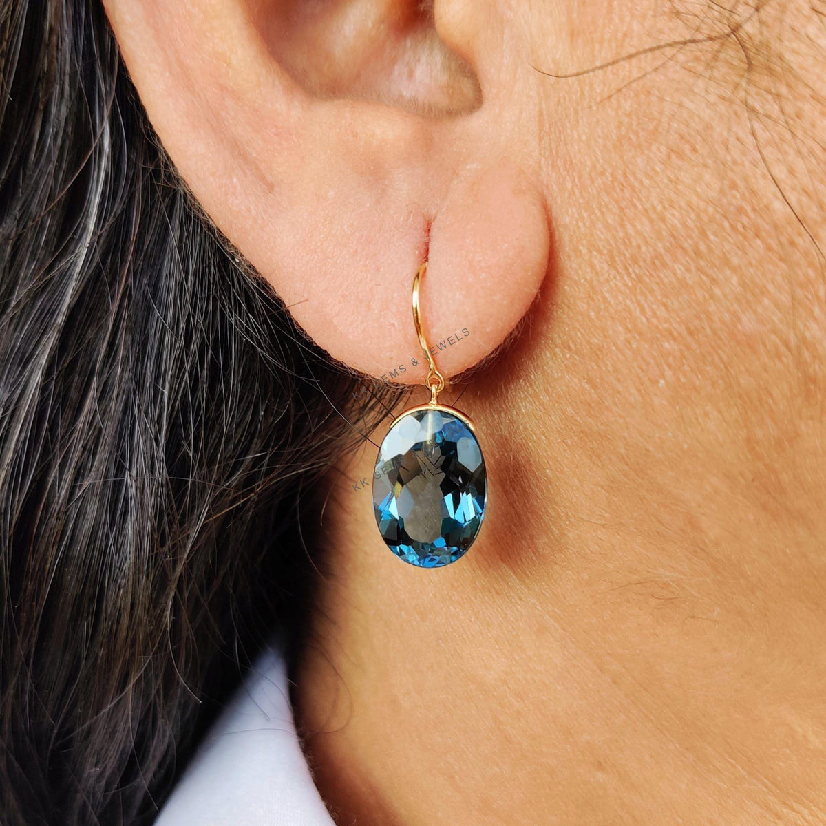 14K Solid Gold Natural London Blue Topaz Drop Earrings, December Birthstone