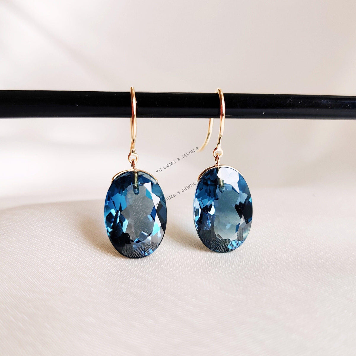 14K Solid Gold Natural London Blue Topaz Drop Earrings, December Birthstone