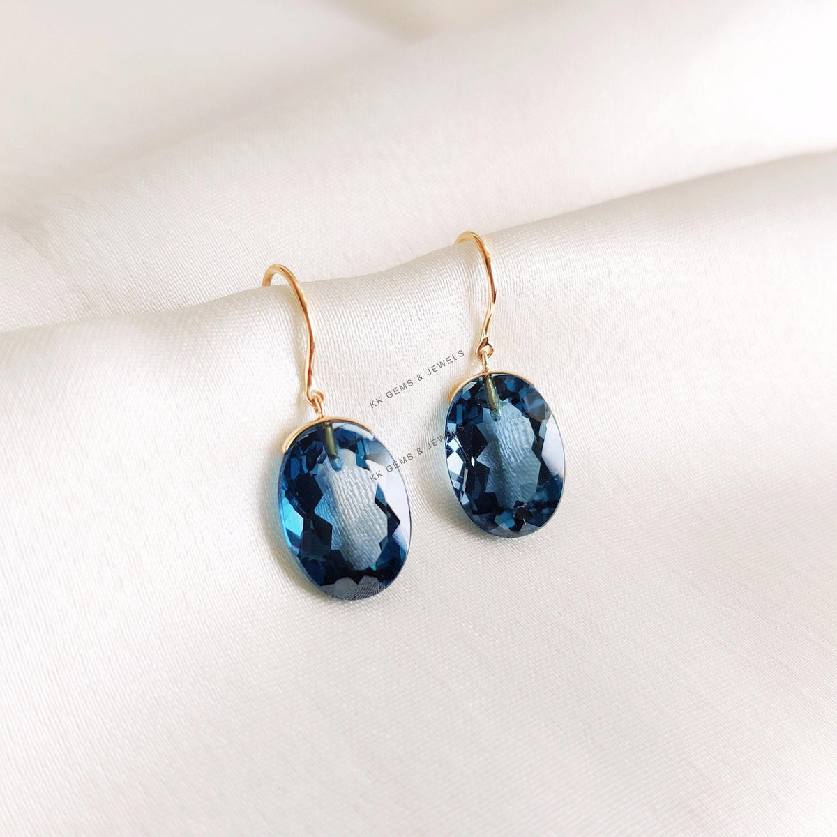 14K Solid Gold Natural London Blue Topaz Drop Earrings, December Birthstone