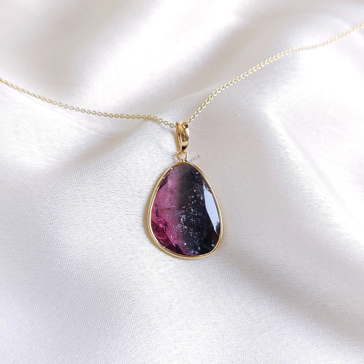 14K Solid Yellow Gold Natural Watermelon Tourmaline Pendant, Bezel Set October Birthstone