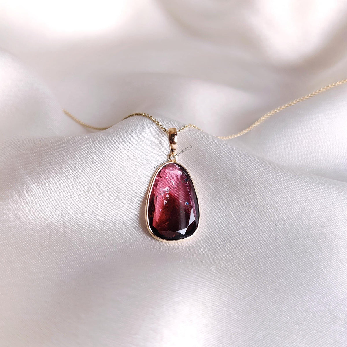 14K Solid Yellow Gold Natural Watermelon Tourmaline Pendant: Bezel Set Gemstone