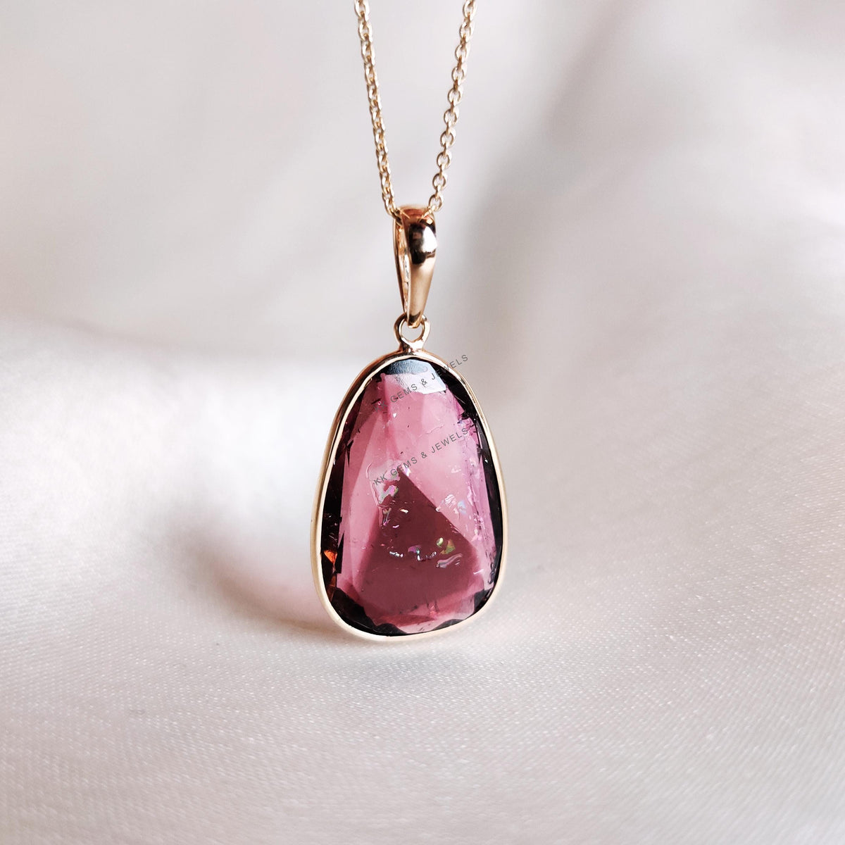 14K Solid Yellow Gold Natural Watermelon Tourmaline Pendant: Bezel Set Gemstone